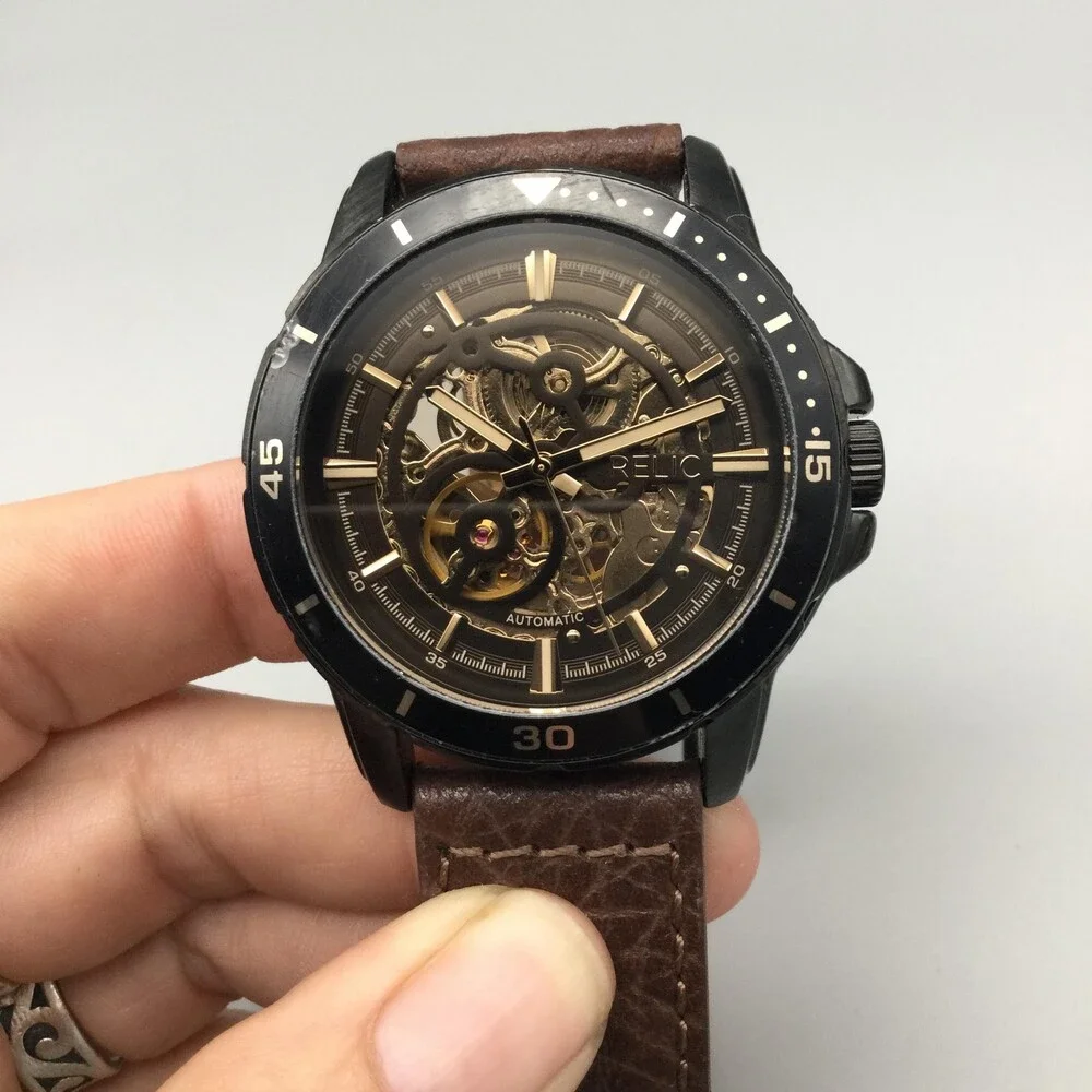 Relic ZR12663 Mens Watch 44mm Gold Skeleton Dial Brown Leather Automatic WR 30M